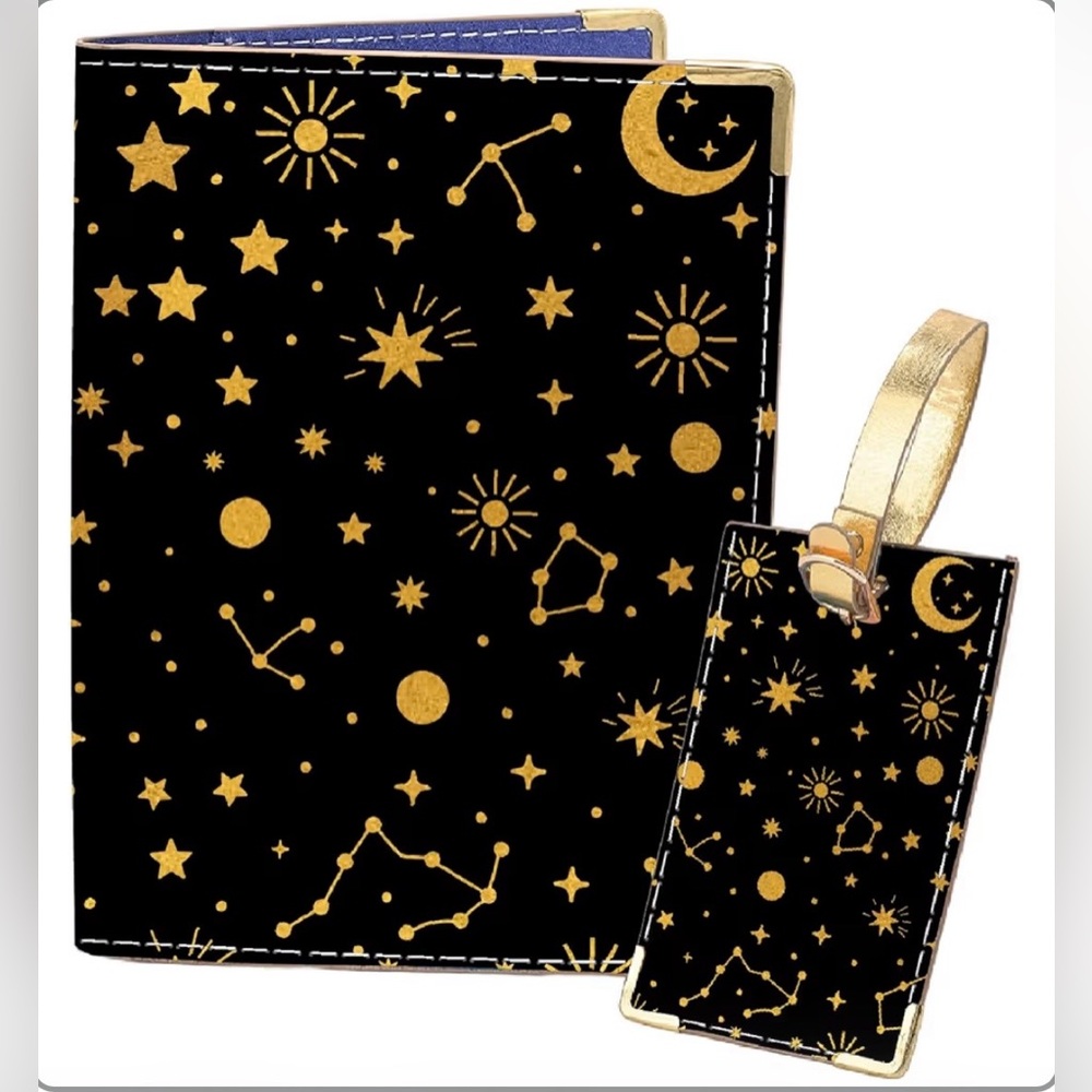 NWOT Moon Stars Galaxy Print Passport Holder & Luggage Tag-Faux Leather